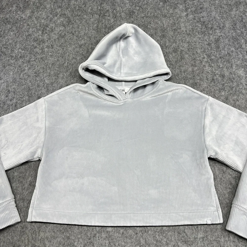Athleta Girl‎ Hoodie Girls XL Gray Velour V Neck Long Sleeve Pullover Cropped